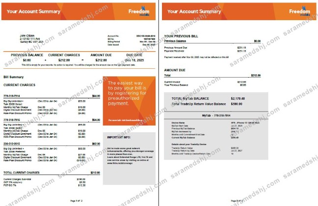 Canada Freedom Mobile utility bill template in Word and PDF formats, 2 pages